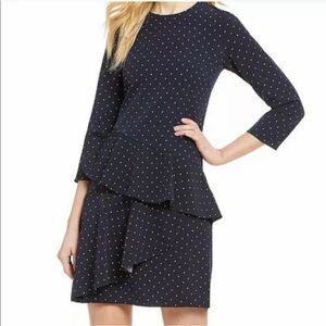 Eliza J Women 10 Navy Blue Polka Dot Tiered Ruffle Dress MIni 3/4 Sleeve Preppy